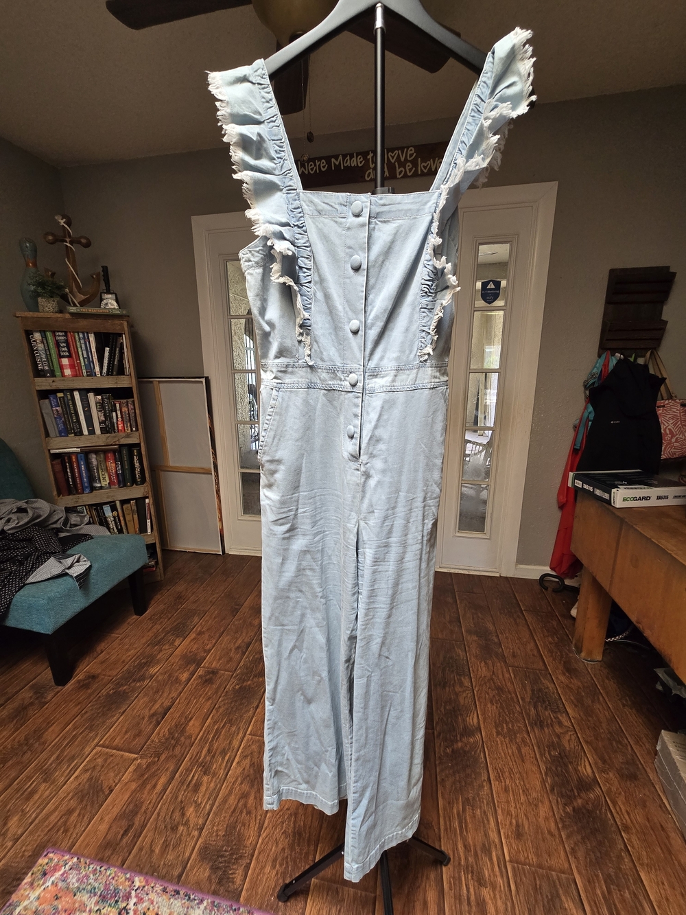 Jack by BB Dakota Light Blue Ruffle-Shoulder Denim Jumpsuit
